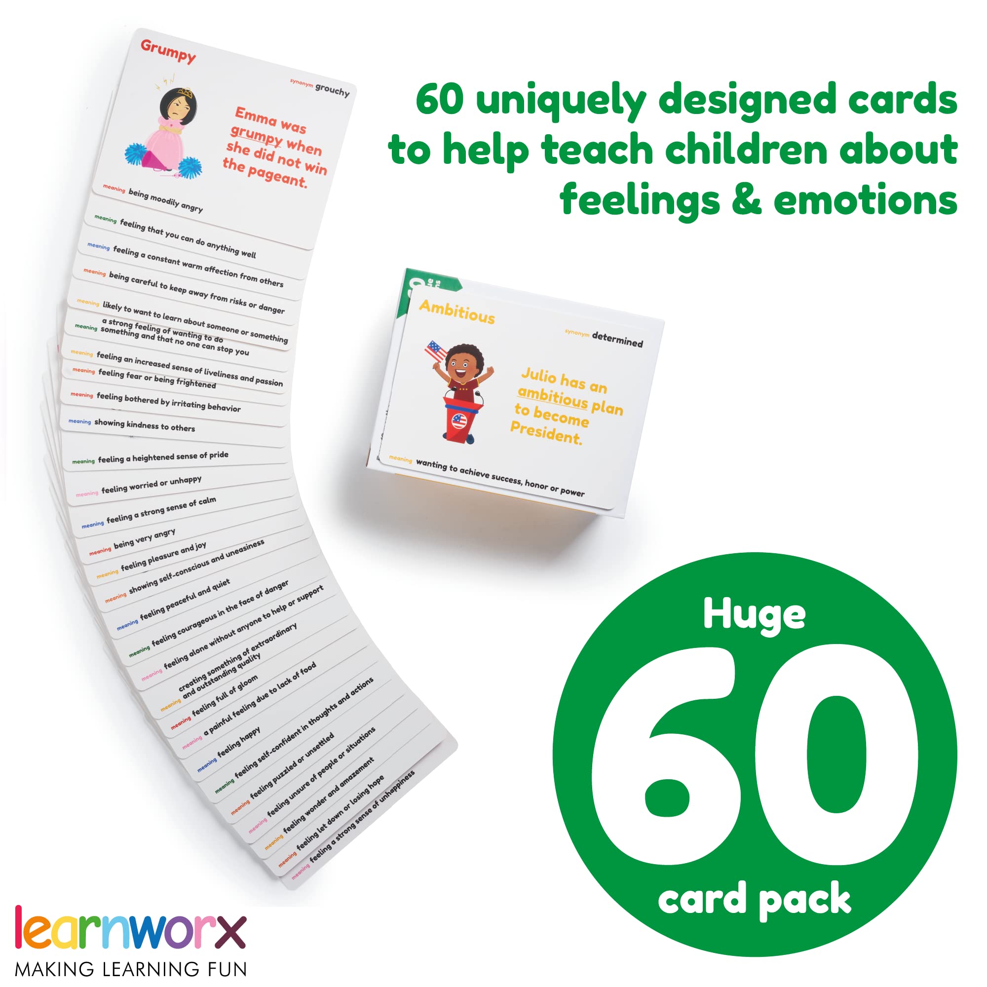 Emotion Cards for Kids - 60 Feelings & Needs Flash Cards | Emotional Intelligence Learning Game for Toddlers & Children | Teach Mixed Emotions, Social Skills | Perfect for Classroom, Therapy & Home Use