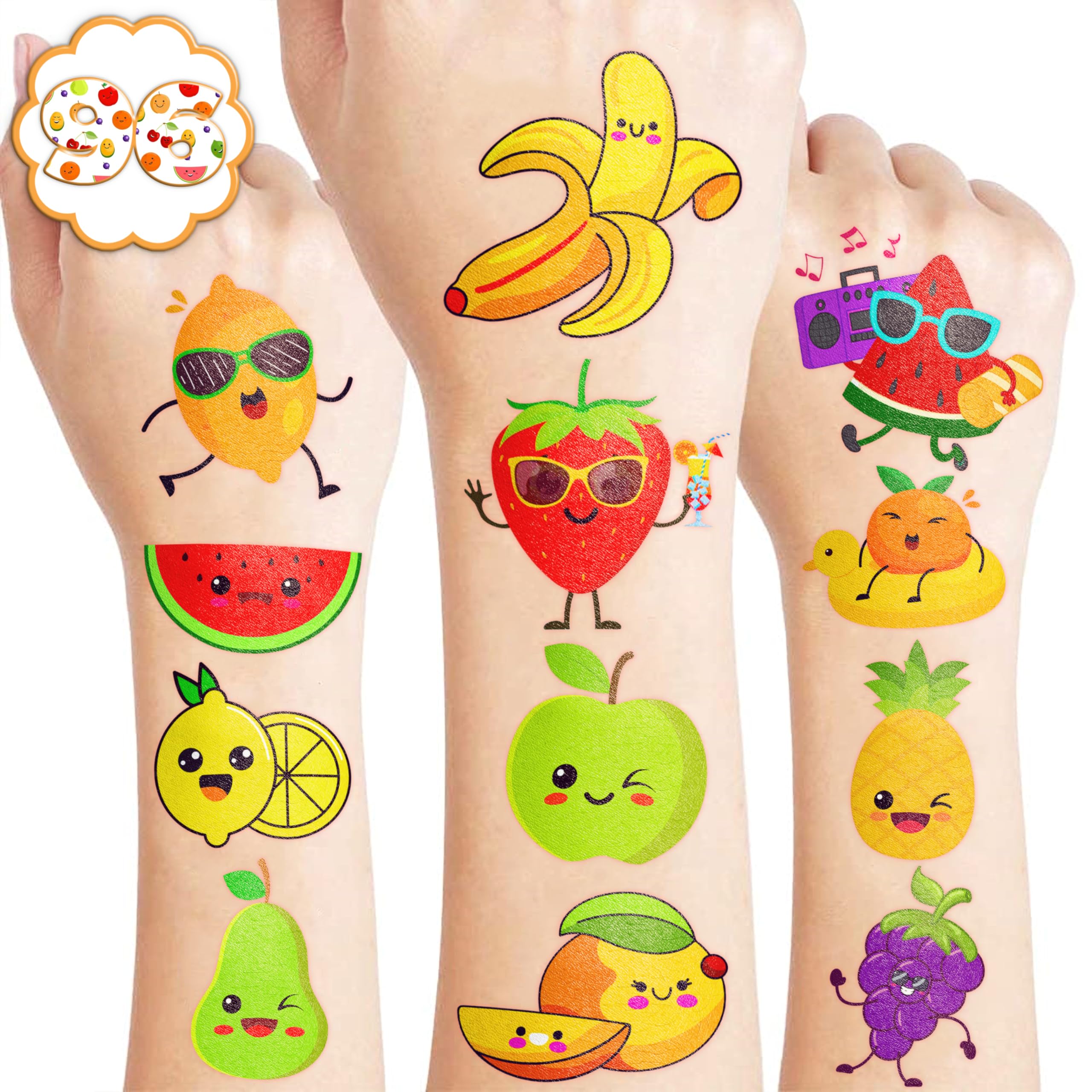 96PCS Fruit Temporary Tattoos for Kids - Summer Party Favors, Cute Lemon Orange Strawberry Watermelon Stickers, Fun Birthday Supplies & School Prizes | Perfect for Pool Parties, Beach Events & Classroom Rewards