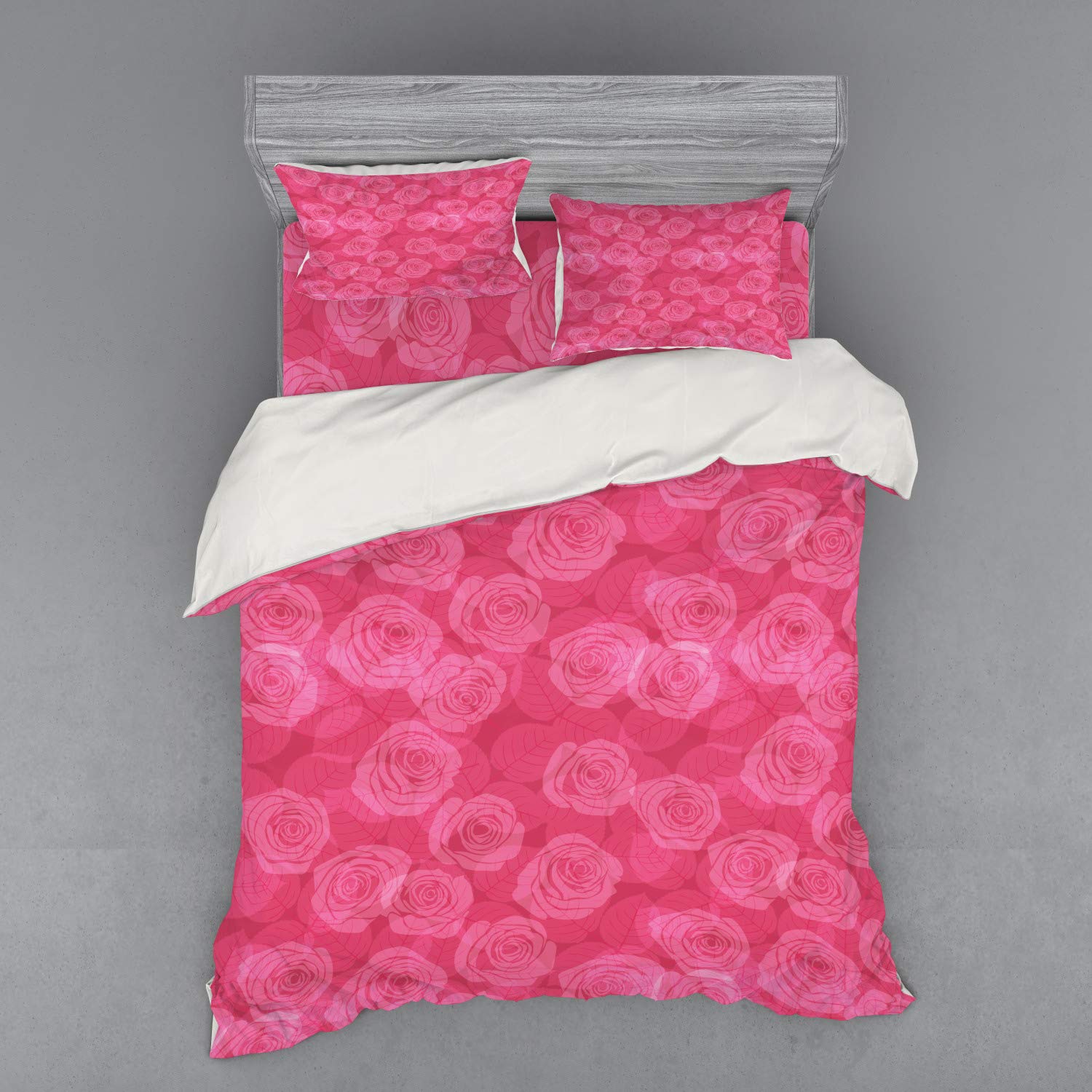 Ambesonne Pink Rose Floral Duvet Cover Set - 4 Piece Queen Size Bedding with Shams & Fitted Sheet, Romantic Valentine's Day Design for Cozy Bedroom Decor