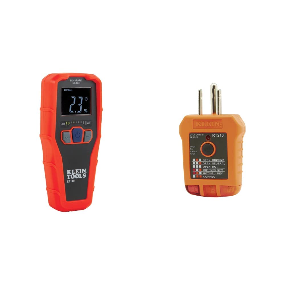Klein Tools ET140 Pinless Moisture Meter & RT210 Outlet Tester - GFCI/Standard AC Receptacle Tester for North American Electrical Outlets, Detects Wiring Issues - Perfect for Home Inspections, Electricians & DIY Projects