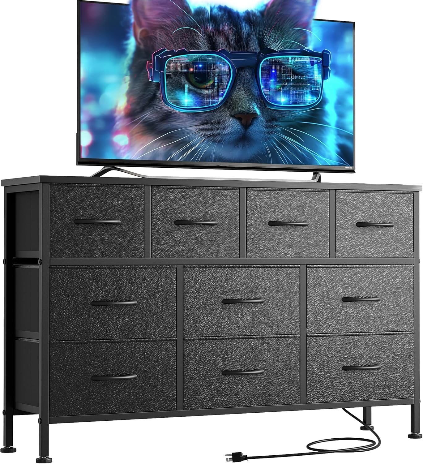 Lulive 10-Drawer Black Dresser for Bedroom - Tall TV Stand with Power Outlet & Storage, Modern Chest of Drawers Entertainment Center Fits 55 Inch Flat Screen TV - Wide Fabric Dresser for Clothes, Toys & Home Organization (Black) - Perfect for Living Room, Bedroom & Dorm Storage Solutions