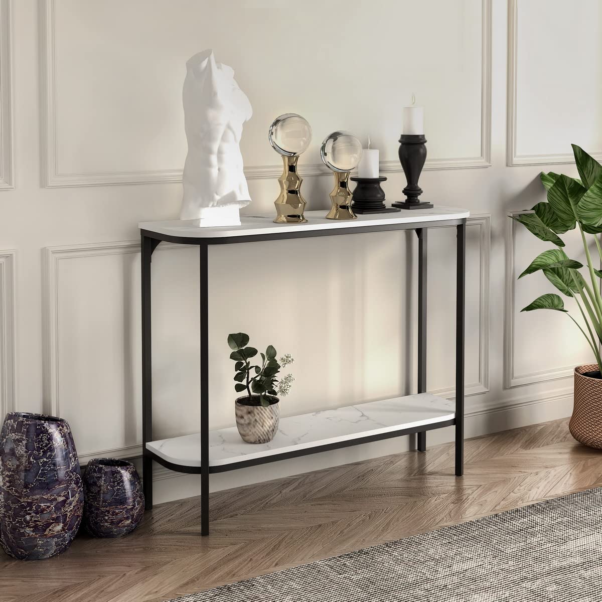 Modern Entryway Console Table with Shelves - Marble Top Hallway Sofa Table for Living Room, Foyer & Entry Decor - Perfect for Home Organization & Stylish Display