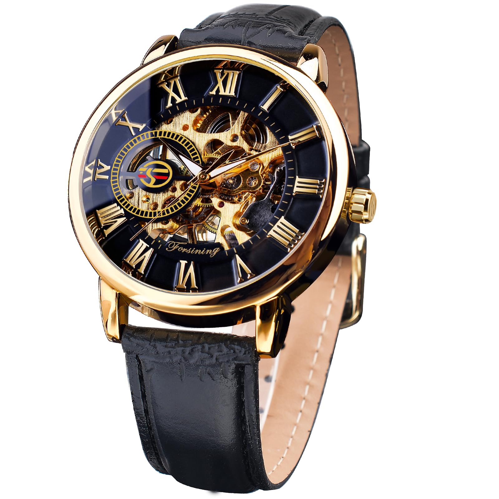 FORSINING Men's Skeleton Mechanical Watch - Steampunk Black Transparent Dial with Minimalist Retro Design - Perfect for Business, Formal Events & Vintage Style Lovers