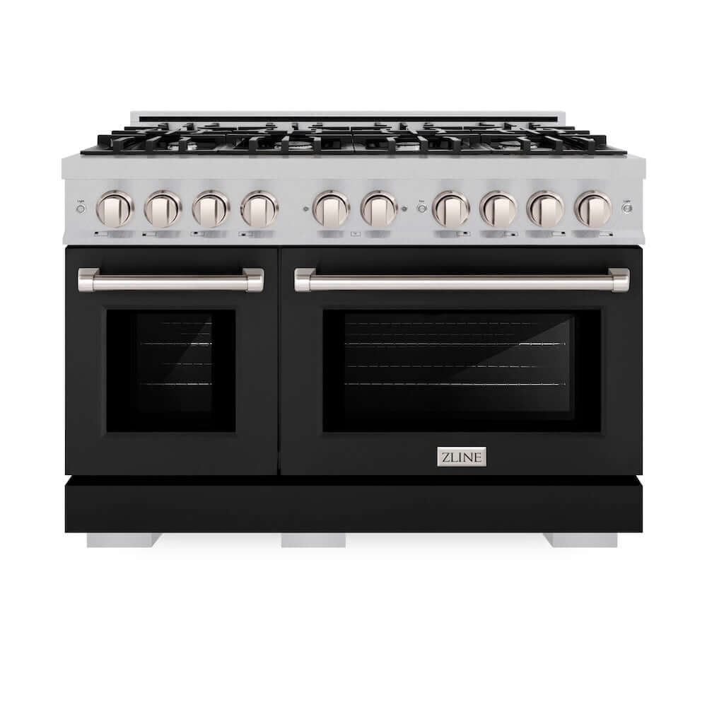 ZLINE 48-Inch 6.7 cu. ft. Professional Double Oven Gas Range with 8 Burner Cooktop - Satin Stainless Steel with Black Matte Doors (HGRS BLM 48) for Modern Kitchen & Home Cooking