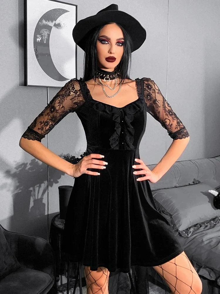 Gothic Velvet Black Summer Mini Dress for Women - Short Sleeve See-Through A-Line Party Dress with Backless Design | Sexy Clubwear, Night Out, Date Night, Halloween Costume