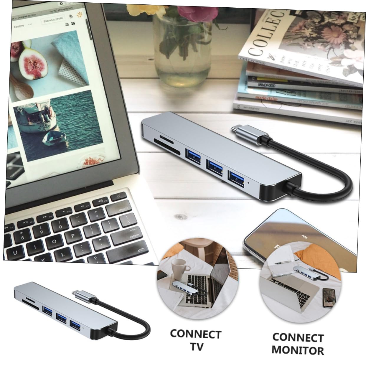 OSALADI 6-in-1 USB C Hub with Card Reader - Aluminum USB 3.0 Splitter for Laptop Charging & Data Transfer