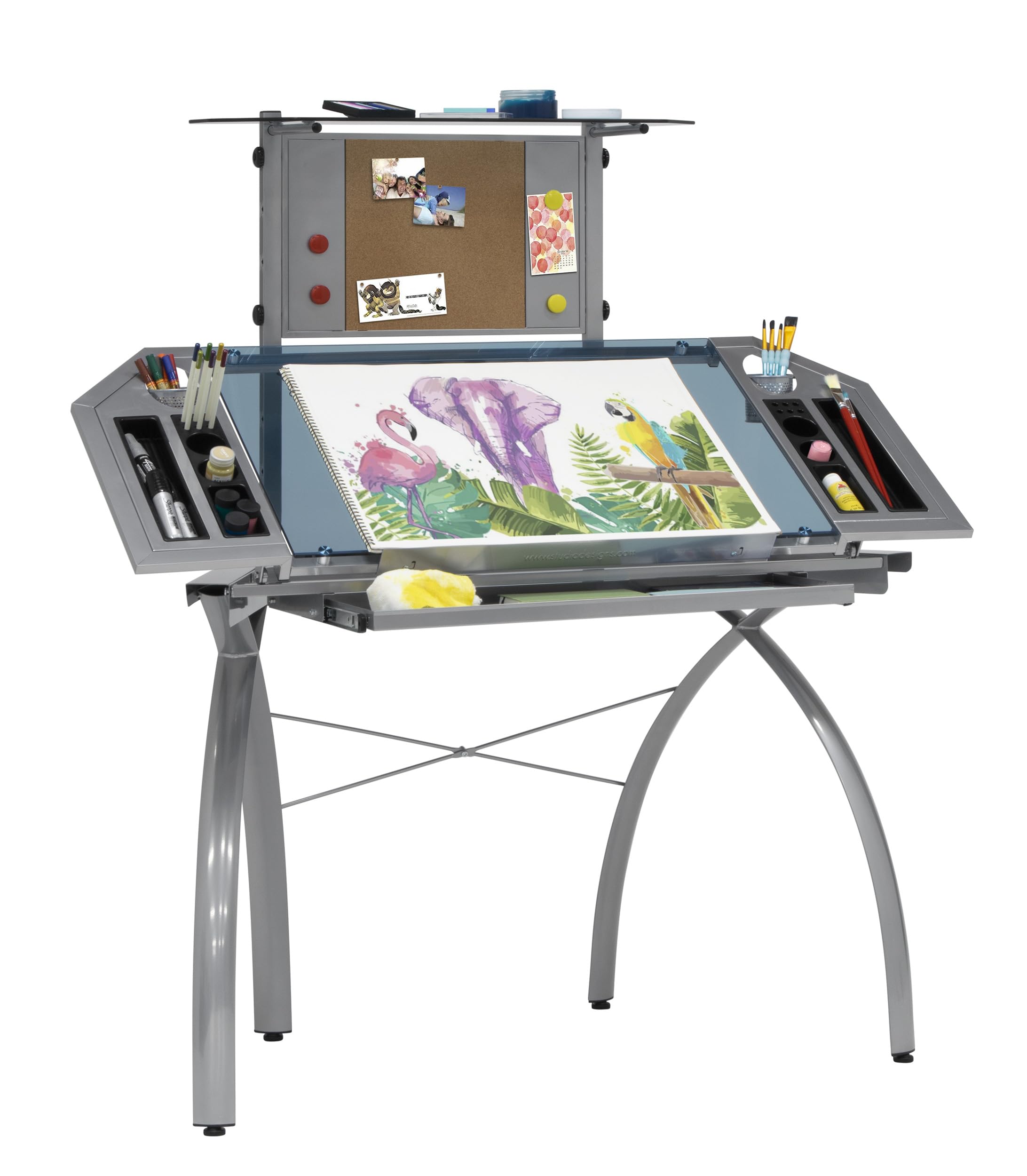 Studio Designs Futura Tower - Silver/Blue Glass Modern Laptop Desk with Adjustable Shelf | Perfect for Home Office, Gaming Setup & Small Spaces