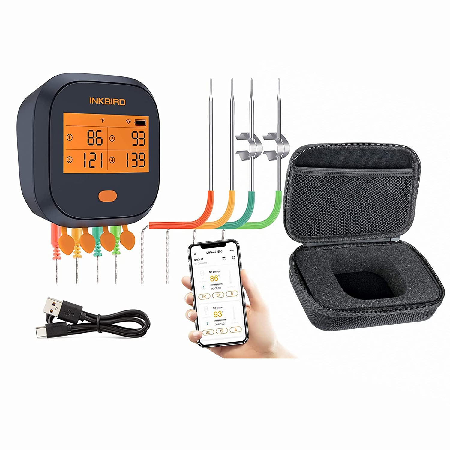 IBBQ 4T WiFi Grill Thermometer with Portable Case - Wireless Meat Thermometer for BBQ, Smoking, Roasting & Outdoor Cooking
