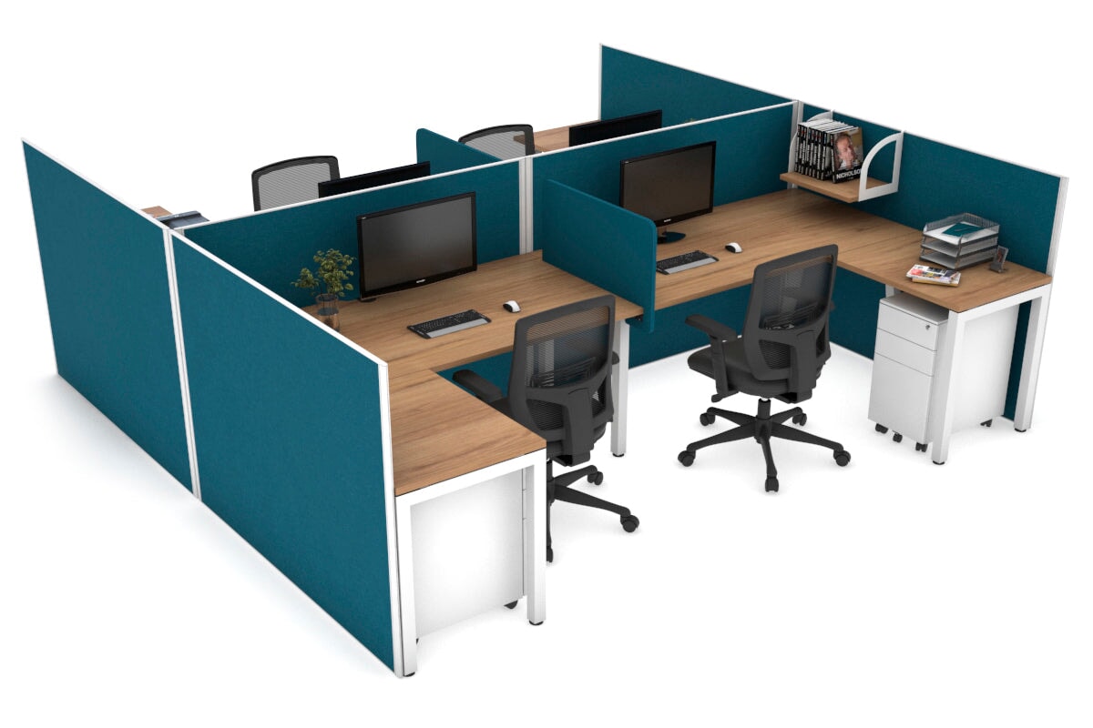 Quadro Square Legs 4-Person Corner Workstation - H Configuration White Frame [1400L x 1800W with Cable Management] - Perfect for Office Collaboration & Team Workspaces