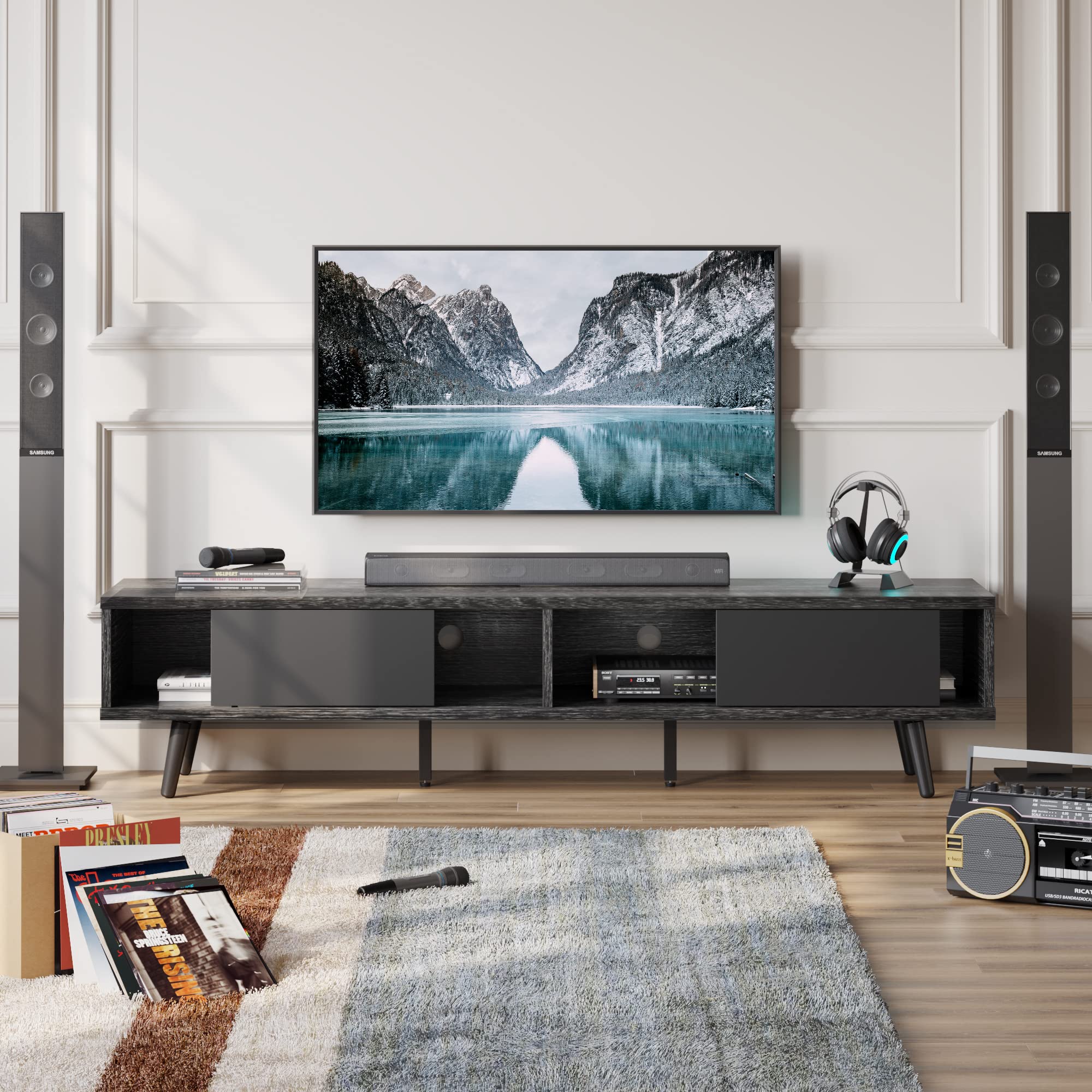 Bestier 70 Inch Mid Century Modern TV Stand for 75 Inch TVs - Low Profile Entertainment Center with Storage & Cord Management - Black Ash Finish for Living Room & Home Theater