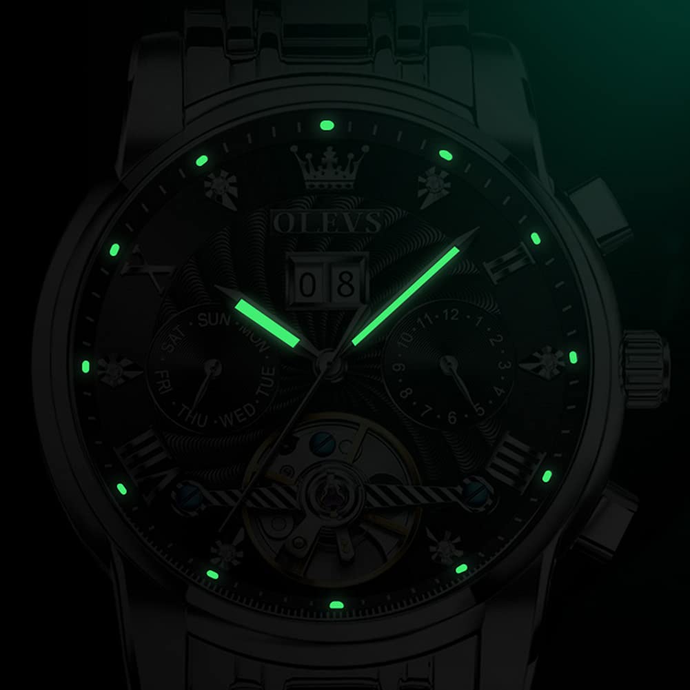 OLEVS Men's Automatic Self-Winding Tourbillon Watch - Luxury Stainless Steel Dress Watch with Luminous Hands & Waterproof Design - Perfect for Business, Formal Events & Everyday Wear
