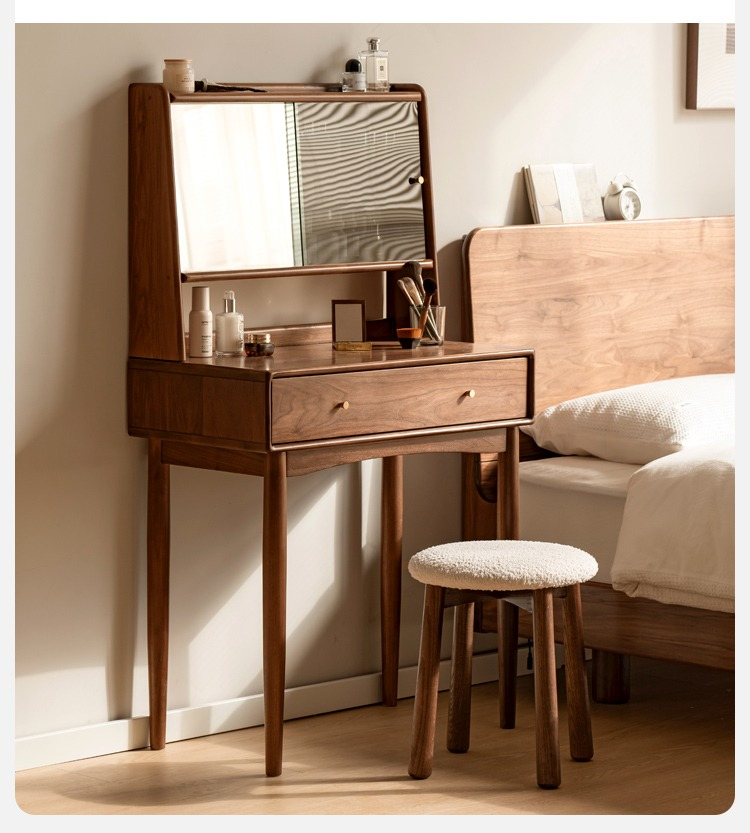 Solid Black Walnut Wood Mirror Dressing Table with Storage | Makeup Vanity Desk for Bedroom | Elegant Bedroom Furniture & Cosmetics Organizer