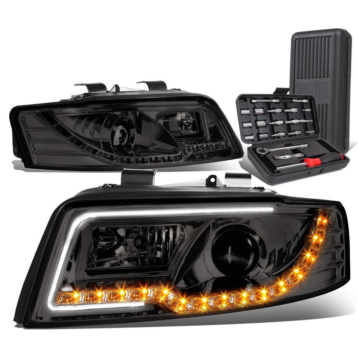 Smoked LED DRL Projector Headlight Lamps with Tool Kit - Compatible with Audi A4 B6 S4 B6 Quattro 2002-2005 Models | Upgrade for Night Driving & Enhanced Style