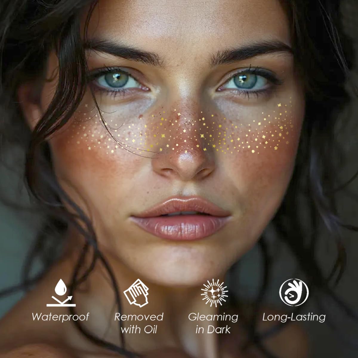24PCS Waterproof Gold Glitter Freckles Face Tattoos - Temporary Sparkle Patches for Women, Glow Up Makeup, Festival & Party Accessories (Gold)