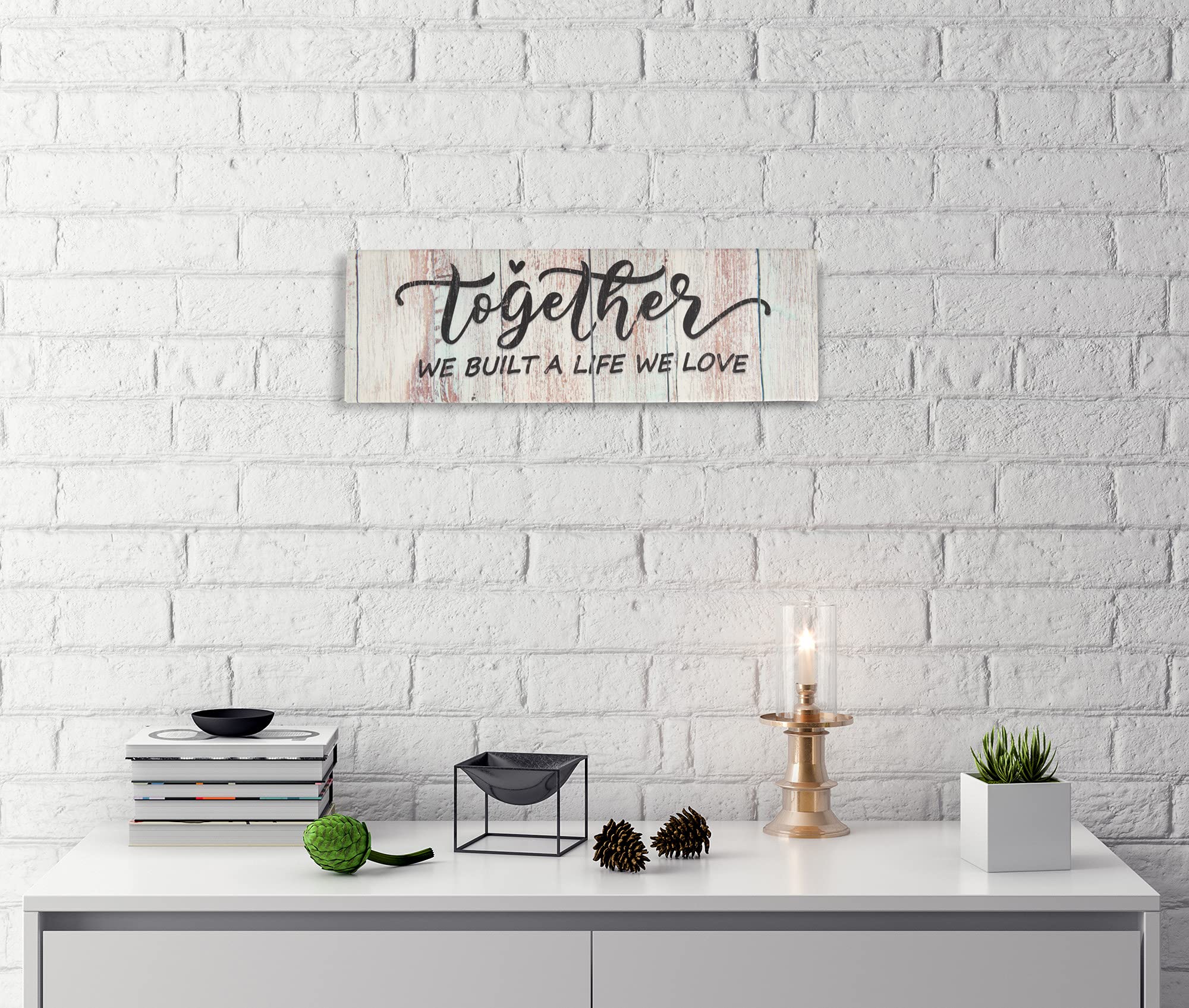 Together We Built A Life We Love - 6x17 Inch Rustic Farmhouse Wall Art Sign, Stretched Canvas Quote Decor for Living Room, Bedroom & Home Office