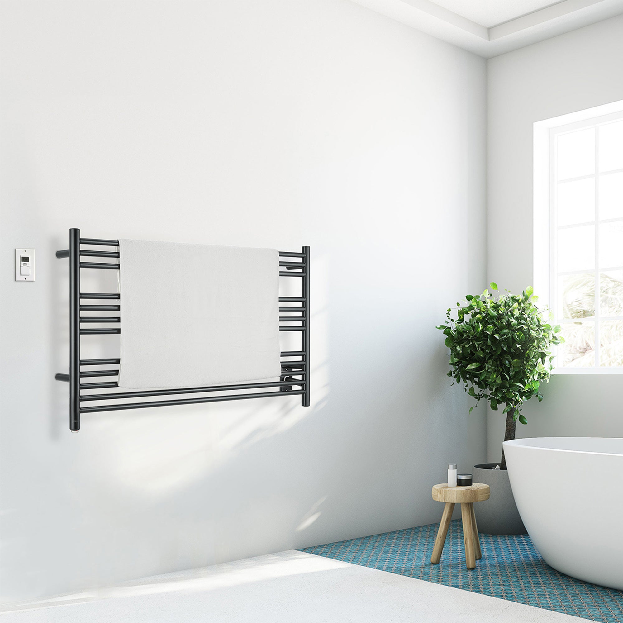 Ancona Amplia Dual 12 Bar Hardwired & Plug-in Electric Towel Warmer - Matte Black Finish with Digital Wall Timer - Perfect for Bathroom, Spa & Luxury Home Use