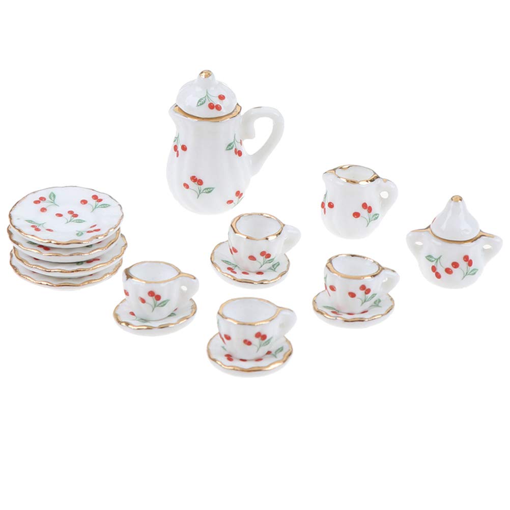 Eyomii 15-Piece Miniature Porcelain Dollhouse Tableware Set - Plates, Bowls, Tea Cups & Dishes for Dollhouse Kitchen Accessories | Perfect for Dollhouse Decor, Miniature Food Display & Collectible Miniatures