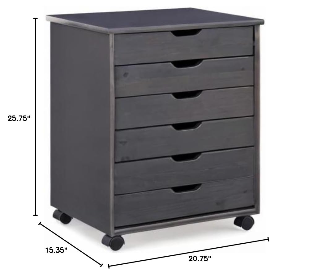 6-Drawer Wide Wooden Rolling Cart with Wheels - Gray Storage Organizer for Home, Office, or Craft Room