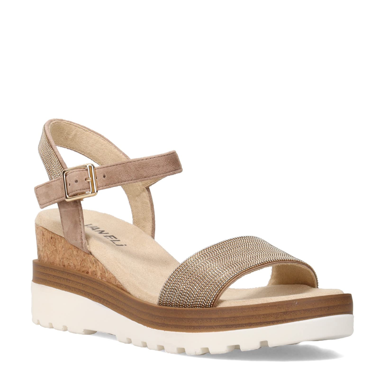 VANELi Women's Cedra Metallic Rhinestone Casual Sandals - Mid Heel 2-3 Inch Brown Shoes for Summer Beach, Party & Wedding Occasions