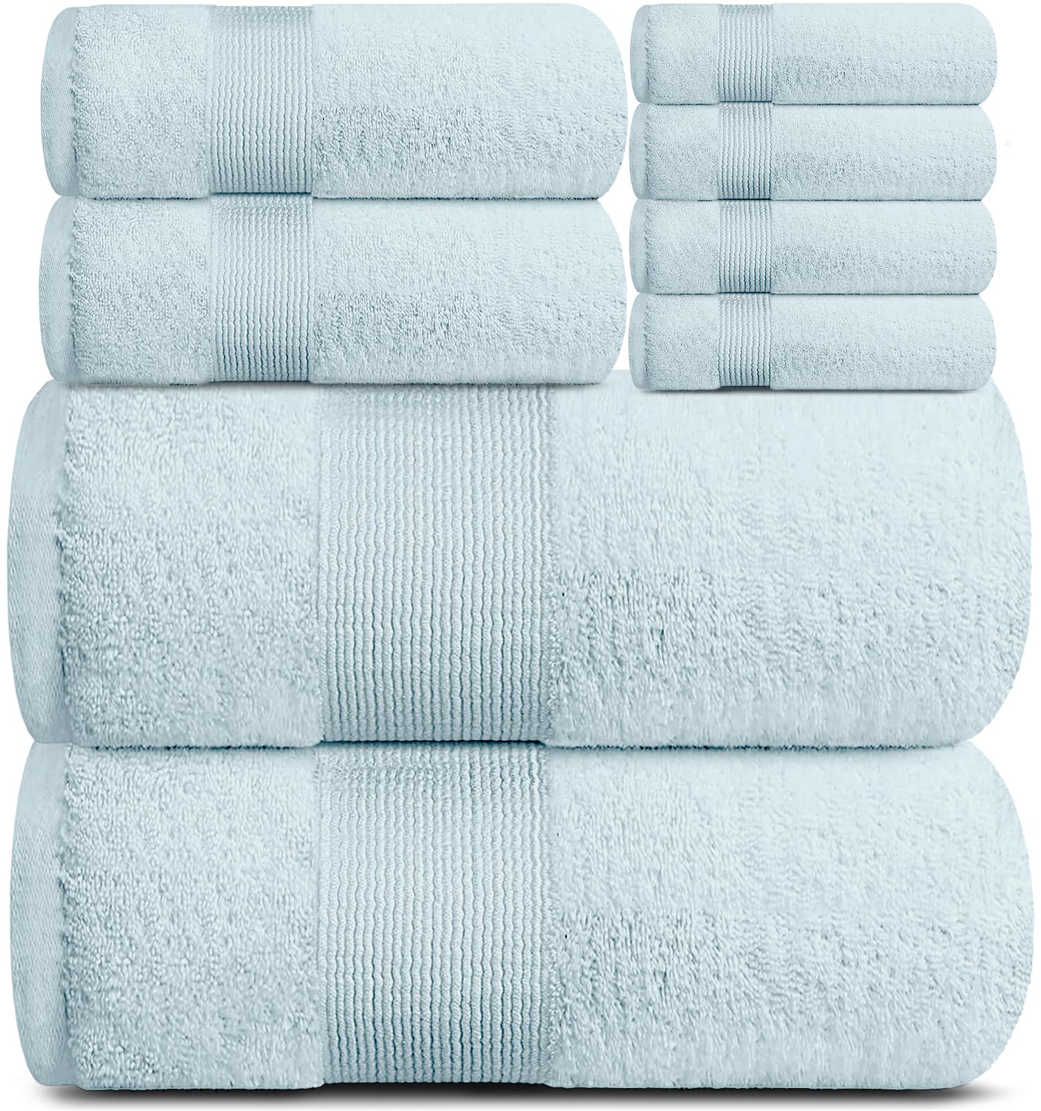 Premium 8-Piece White Classic Resort Bath Towel Set - Ultra Soft, Plush & Absorbent Cotton Towels (2 Bath, 2 Hand, 4 Washcloths) | Luxury Hotel Quality for Spa, Bathroom & Beach Use - Light Blue