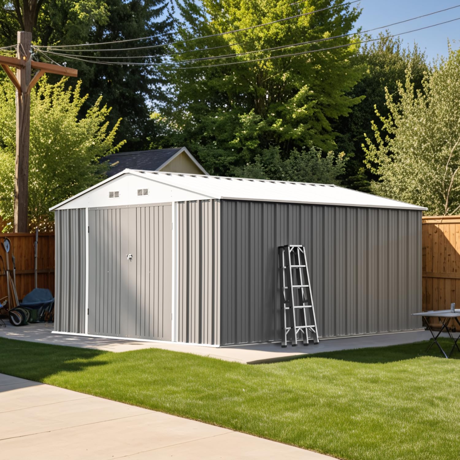 10x12 FT Outdoor Storage Shed with Floor Frame - Heavy Duty Metal Garden Tool Shed with Sloping Roof & Double Lockable Doors - Perfect for Backyard, Patio, Lawn Equipment & Seasonal Storage (Grey)