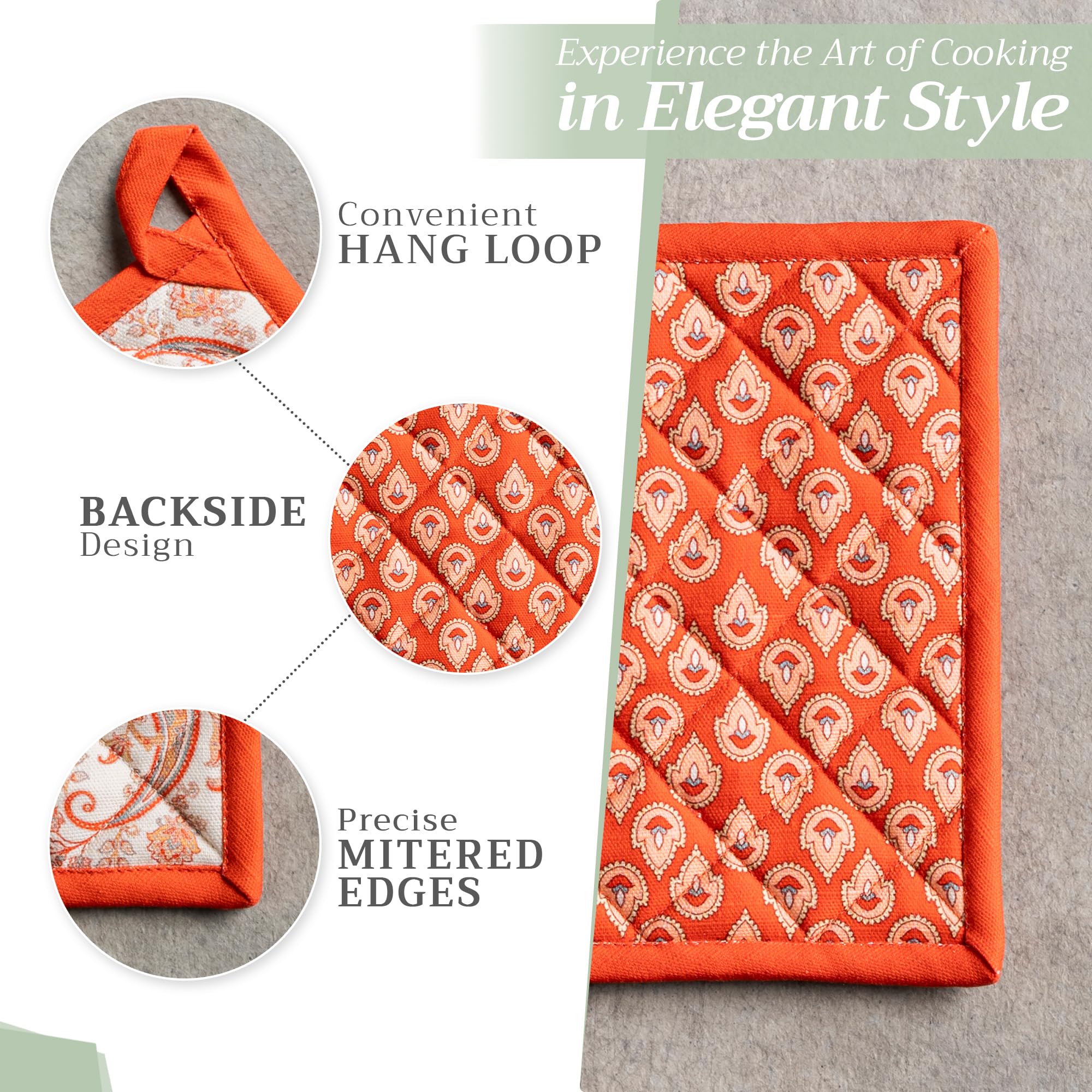 Hermine Cotton Oven Mitt & Pot Holder Set - Thick Heat-Resistant Kitchen Gloves (7.5x13 & 8x8 Inches) for Baking, BBQ, Cooking - Soft Durable Cachemire Material - Perfect for Thanksgiving, Christmas & Holiday Cooking Gifts