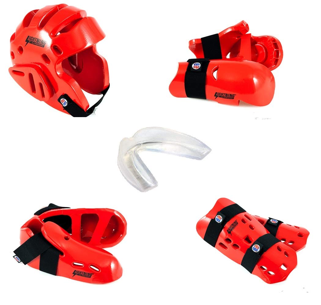 Premium Lightning 8-Piece Deluxe Youth Football Gear Set with Shin Guards & Free Mouthguard - Red, Child Large Size - Perfect for Youth Football Training, Games & Safety Protection