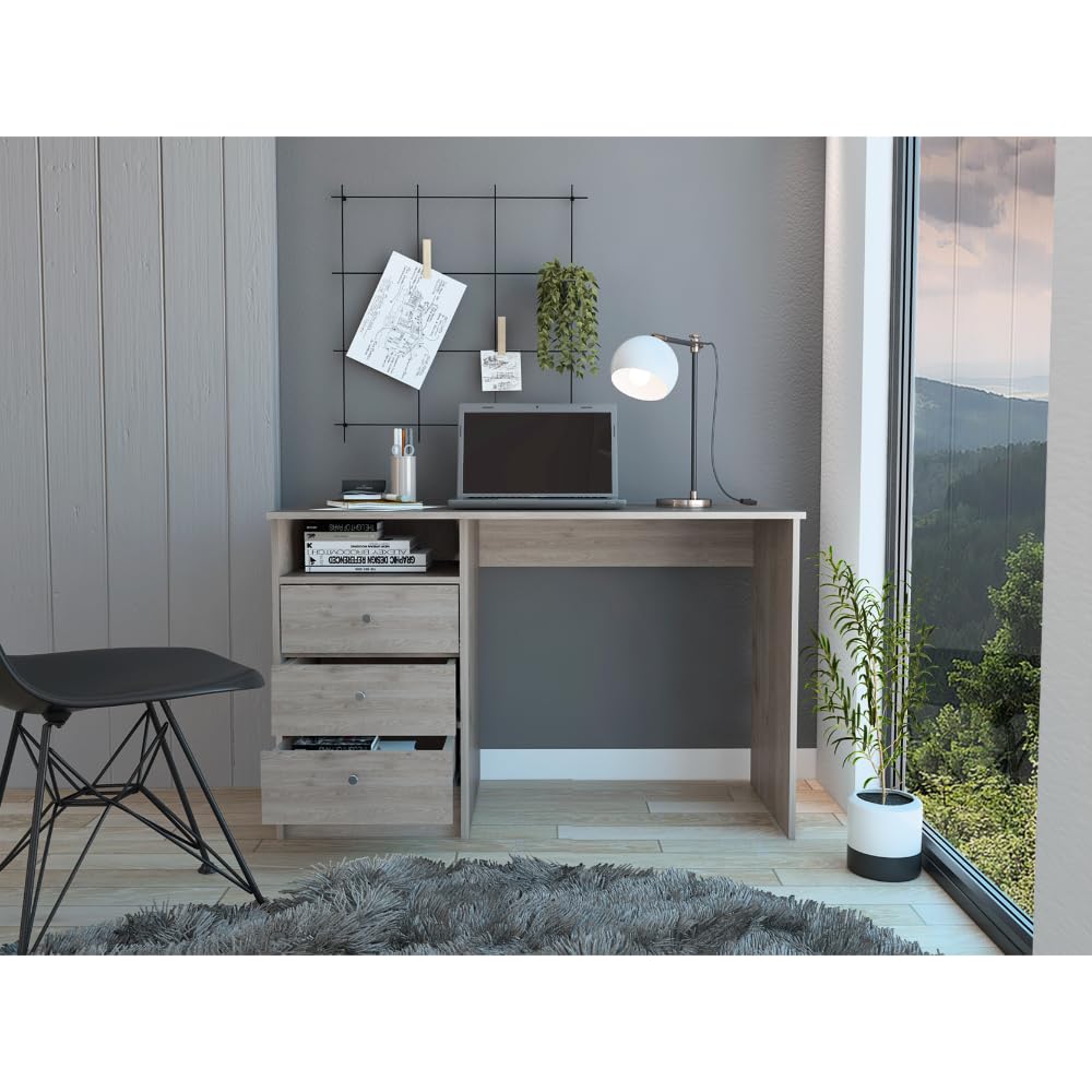 Tuhome Andalucia 3-Drawer Computer Desk with Shelf - Light Gray Home Office Desk for Small Spaces, Study & Workstation