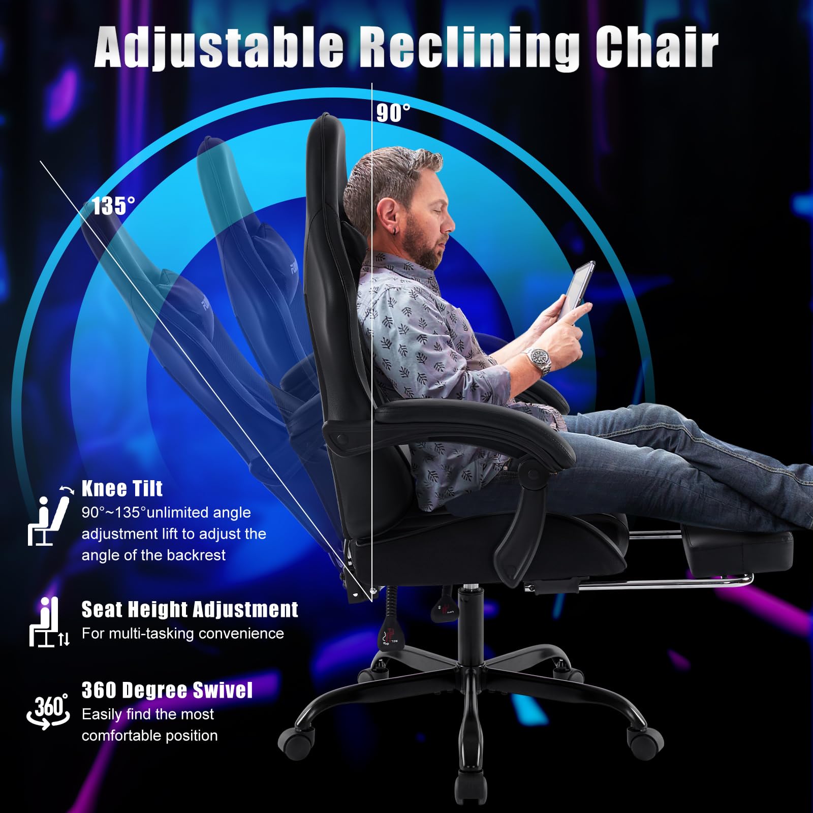 Ergonomic Gaming Chair with Footrest & Lumbar Support - Adjustable Reclining Swivel Office Chair for PC Gamers & Teens - High Back PU Leather Computer Desk Chair - Perfect for Esports, Streaming & Home Office Work