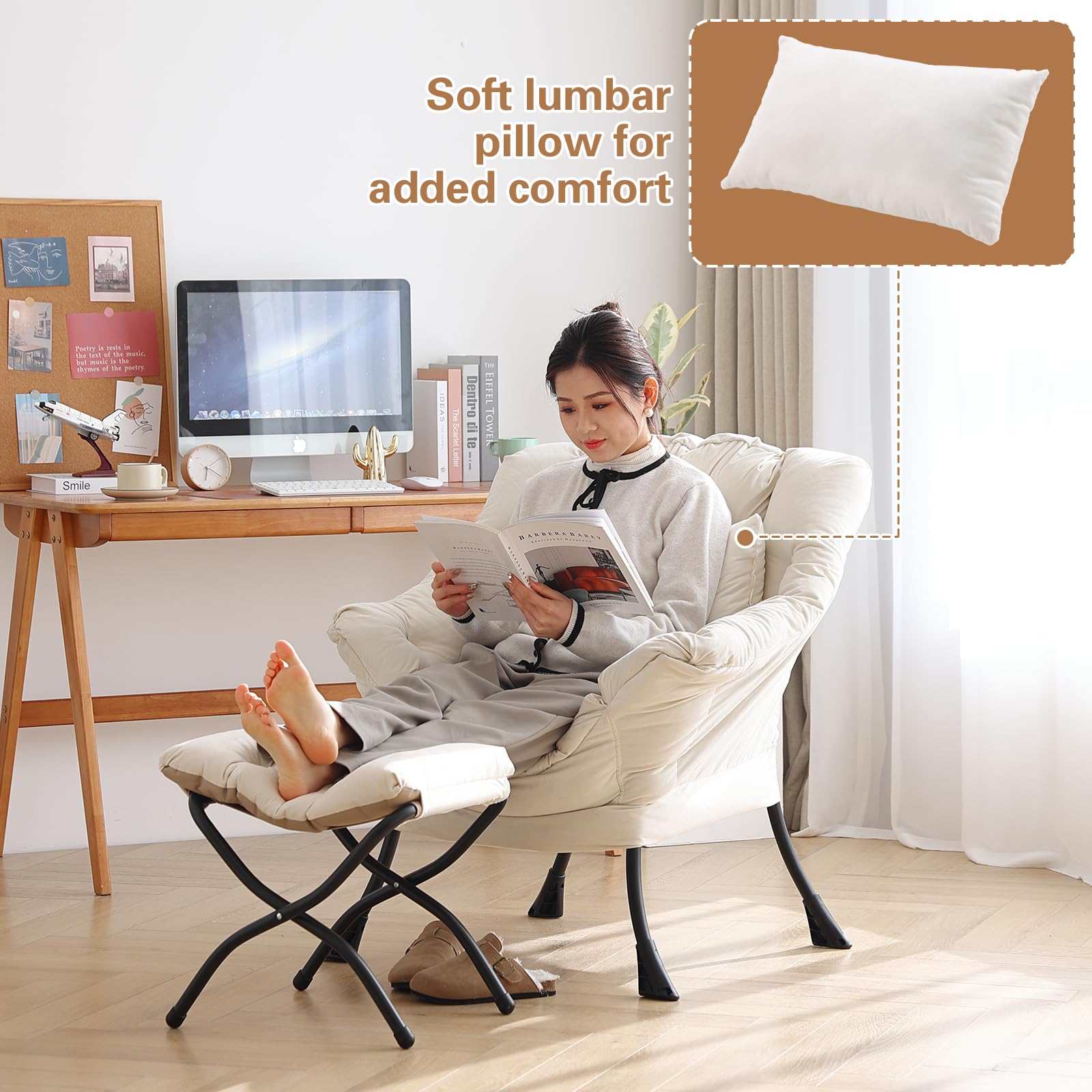 Modern Velvet Beige Lazy Chair with Ottoman - Oversized Supportive Lounge Chair with Lumbar Pillow & Folding Footrest - Perfect for Bedroom, Living Room, Reading Nook & Relaxation