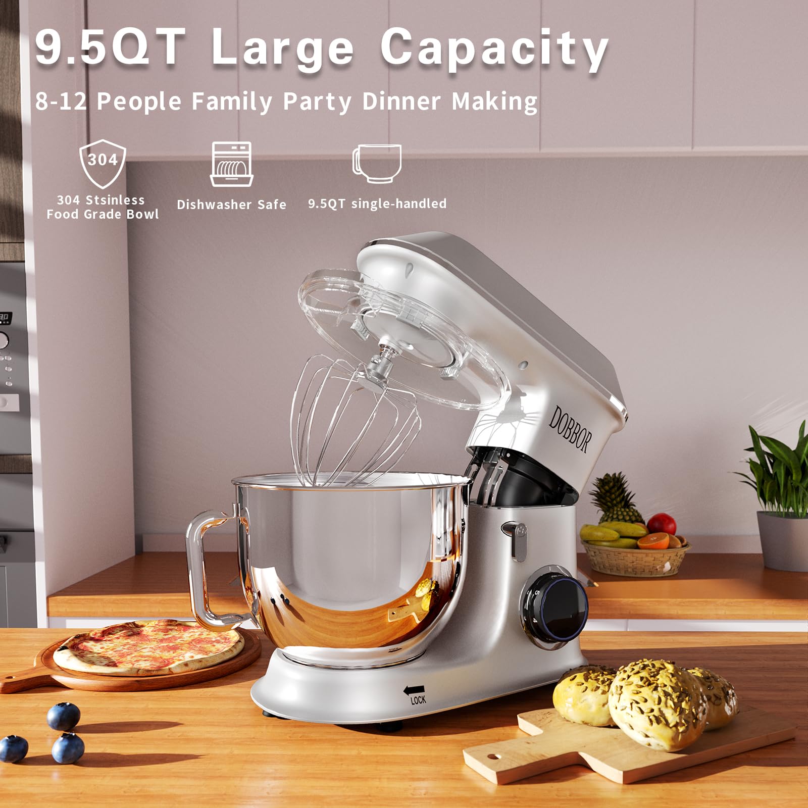 DOBBOR 9.5QT 660W Electric Stand Mixer - 7-Speed Tilt-Head Dough Mixer with Dough Hook, Whisk & Beater - Perfect for Baking Bread, Cakes, Cookies, Pizza & Muffins - Silver | Ideal for Home Bakers & Professional Kitchens