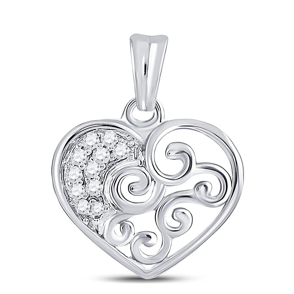 10K White Gold Women's Round Diamond Curl Heart Pendant Necklace - 1/12 CTTW - Perfect for Valentine's Day Gifts, Anniversary Presents & Romantic Occasions