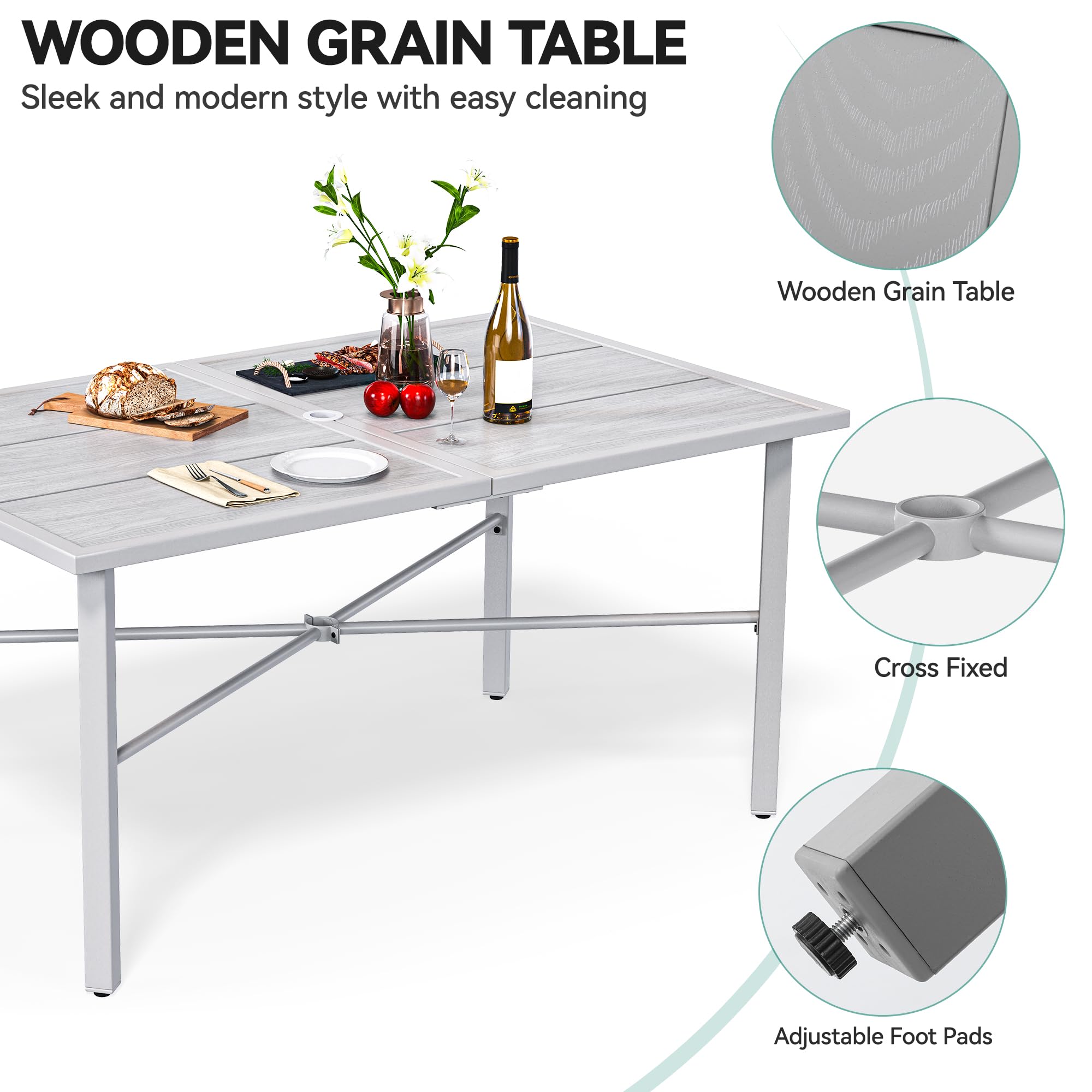 YITAHOME 59 Inch Rectangular Outdoor Patio Dining Table for 6 Person - Weather-Resistant Gray Iron Frame with 2 Inch Umbrella Hole - Perfect for Backyard, Garden, Lawn, and Poolside Dining