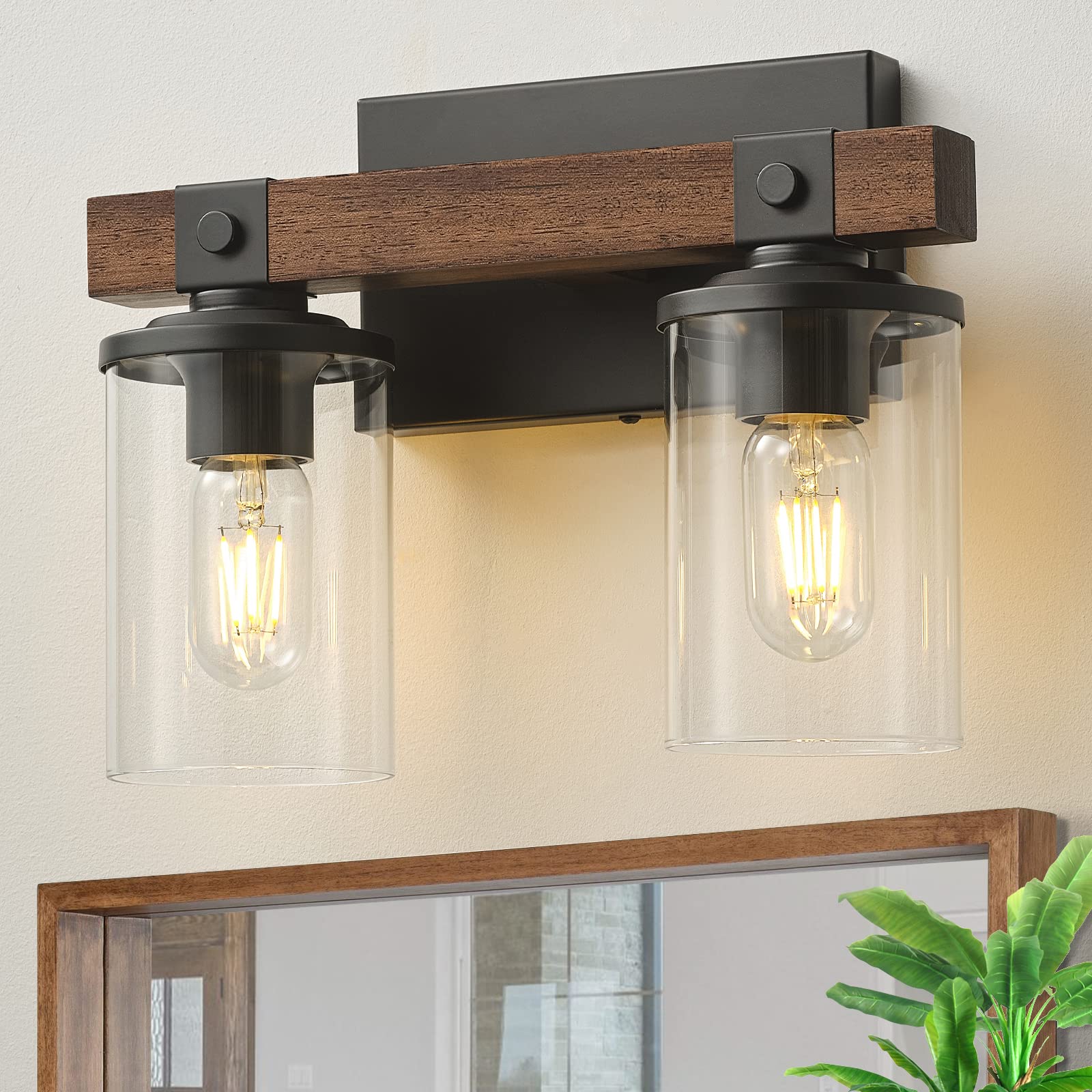 Rustic Farmhouse Vanity Lights for Bathroom - 2-Light Wooden Wall Sconce with Clear Glass Shade - Vintage Lighting Fixture for Mirror, Bedroom, Hallway & Kitchen - Perfect for Farmhouse, Cottage & Vintage Home Decor