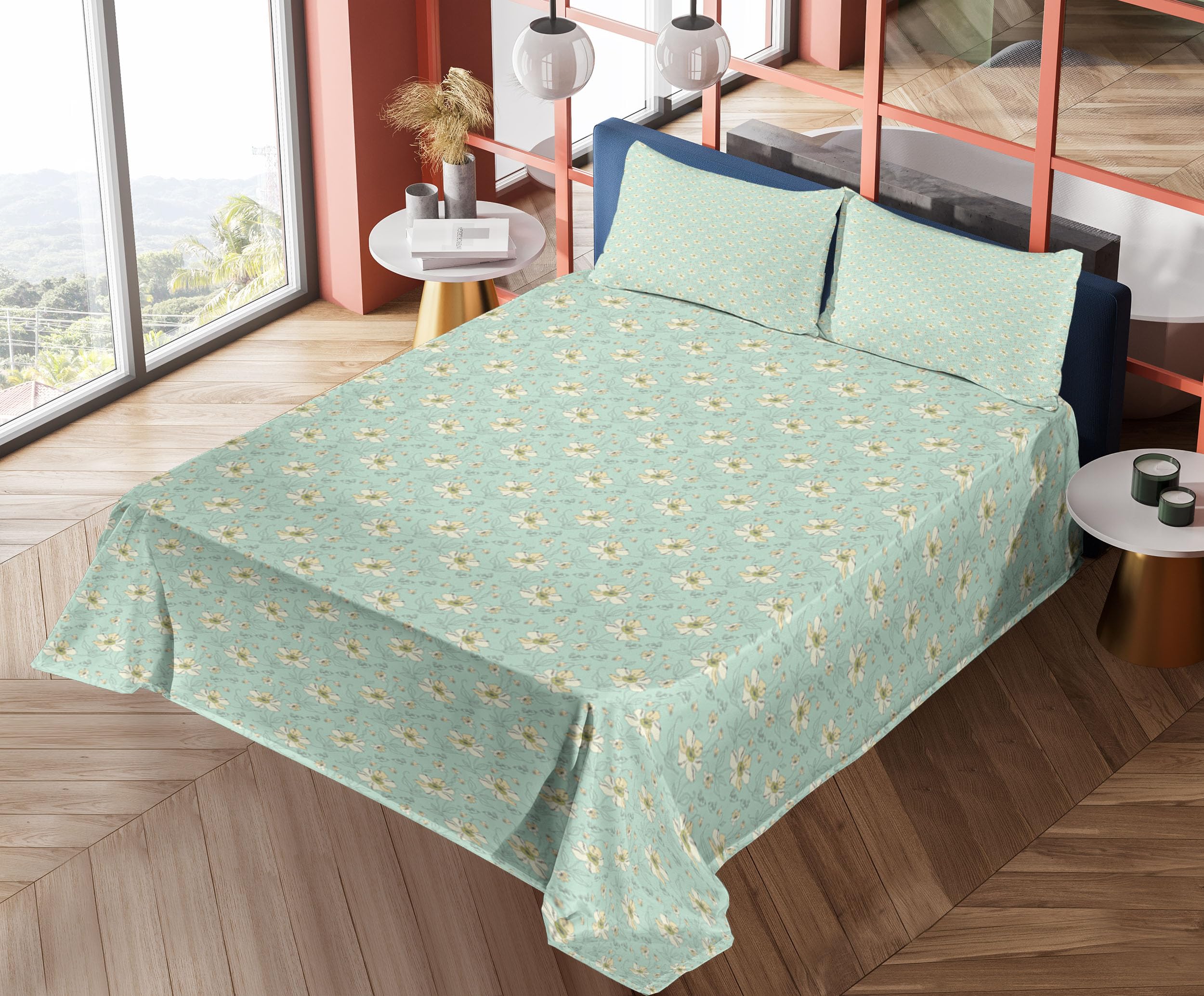Ambesonne Floral Sheet Set - 4 Piece King Size Bedding with Continuous Flowers Print in Fresh Pastel Mint Green & Pale Yellow | Soft Fitted & Flat Sheets + Pillowcases | Perfect for Master Bedroom, Guest Room & Cozy Home Decor