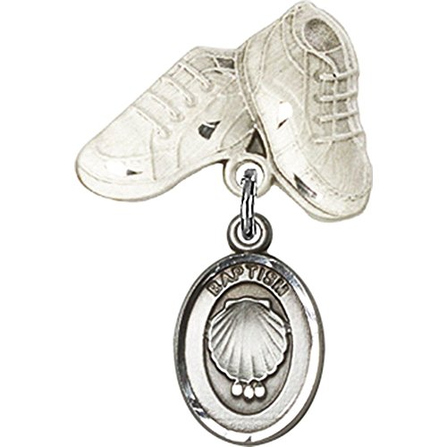 1 X 5/8 Inch Sterling Silver Baby Badge with Baptism Charm & Baby Boots Pin - Perfect for Christening Gifts, Baby Showers & Baptism Ceremonies