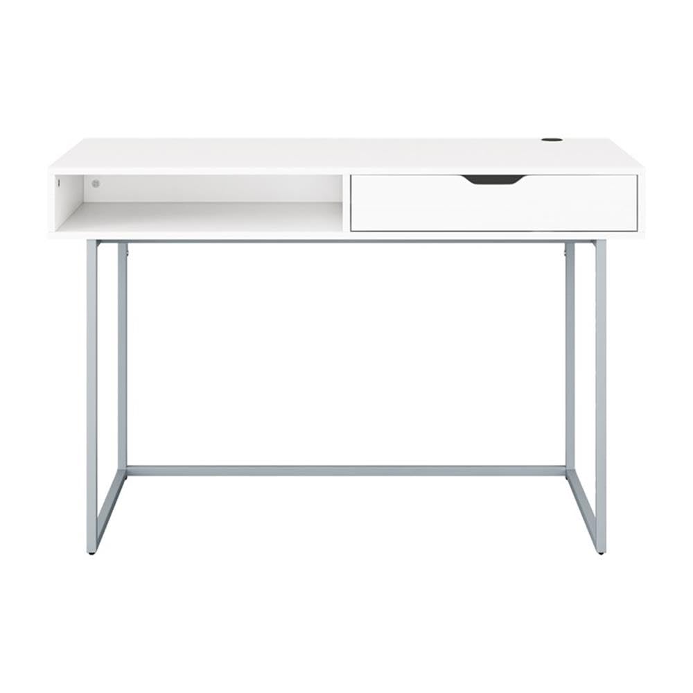 CorLiving Marley Modern White Engineered Wood Single Drawer Writing Desk with Steel Legs - Perfect for Home Office, Study Room & Small Spaces