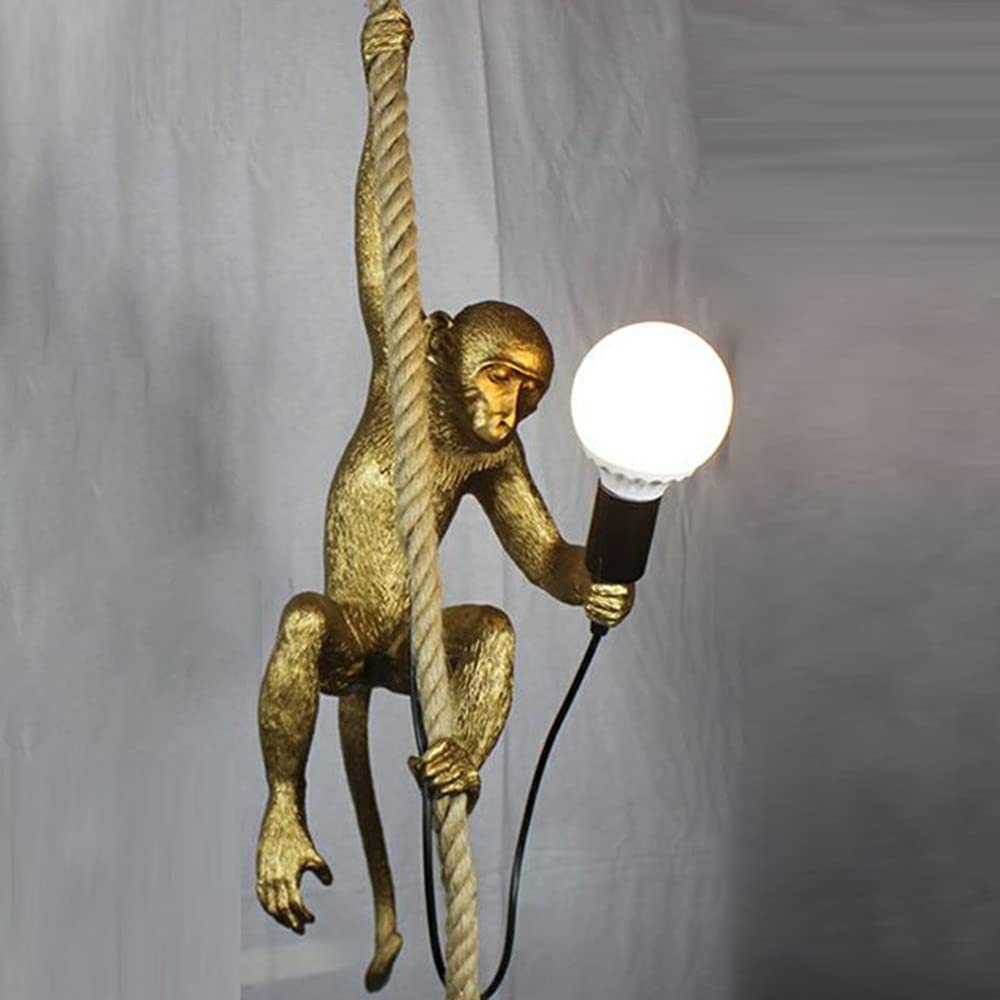 BAYCHEER Vintage Resin Monkey Pendant Lamp - Gold Hanging Light Fixture with Rope for Indoor, Bar, Restaurant Decor | E27 Bulb Compatible | Perfect for Boho, Jungle Theme & Retro Home Decor