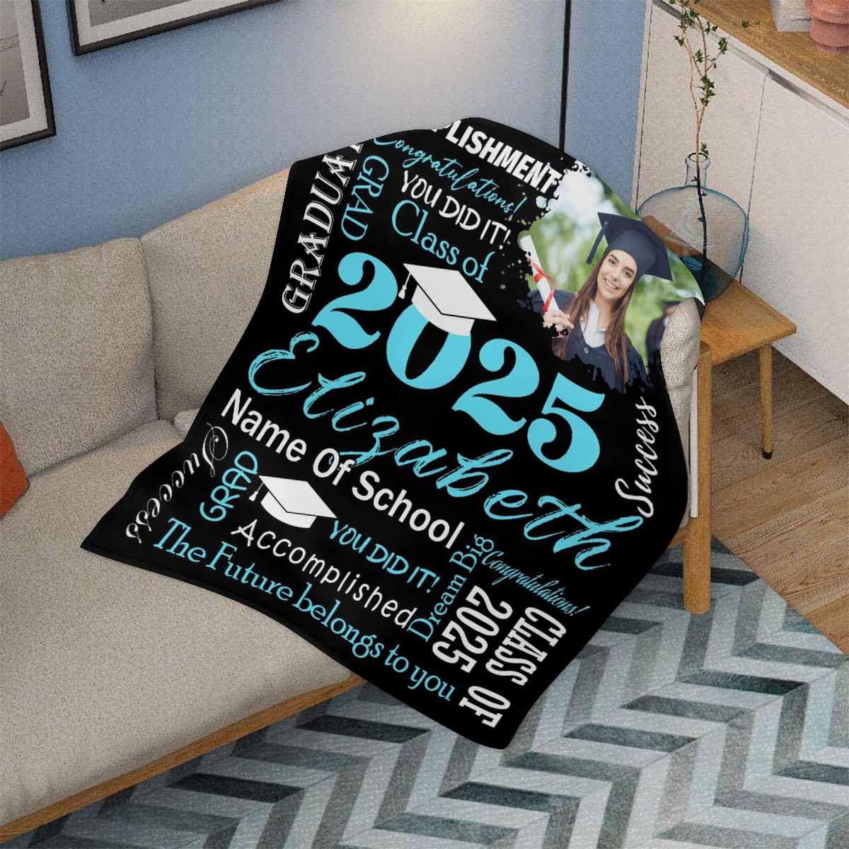 Personalized Graduation Blanket 2025 - Custom Photo Throw Blanket for High School & College Graduates - Class of 2025 Gift for Her/Him - 30x40 Inch Black Blanket with Inspirational Quote - Perfect Graduation Party Decor & Cozy Dorm Room Throw