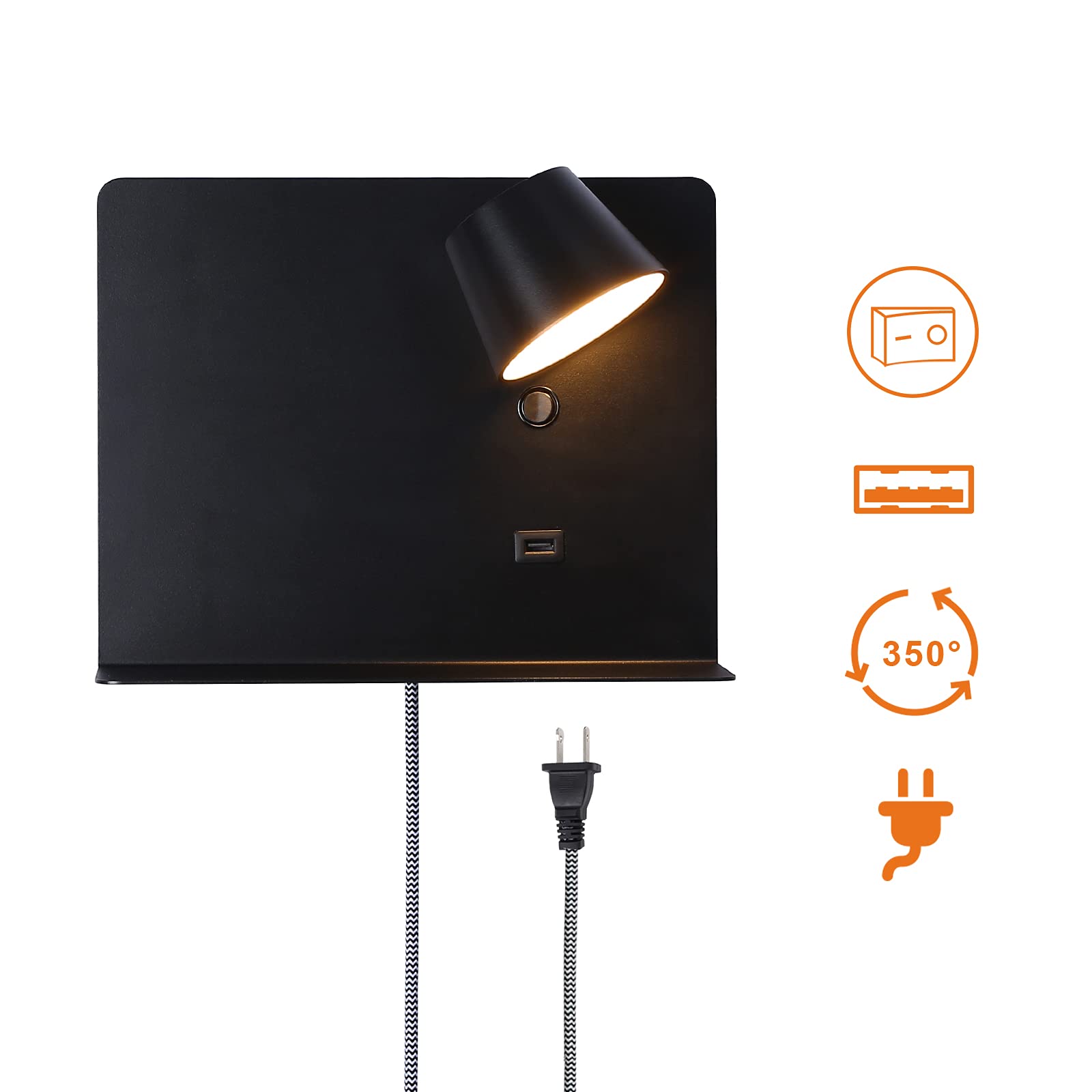 USB Wall Sconce with Shelf - LED Reading Light for Bedroom & Living Room - Black 11