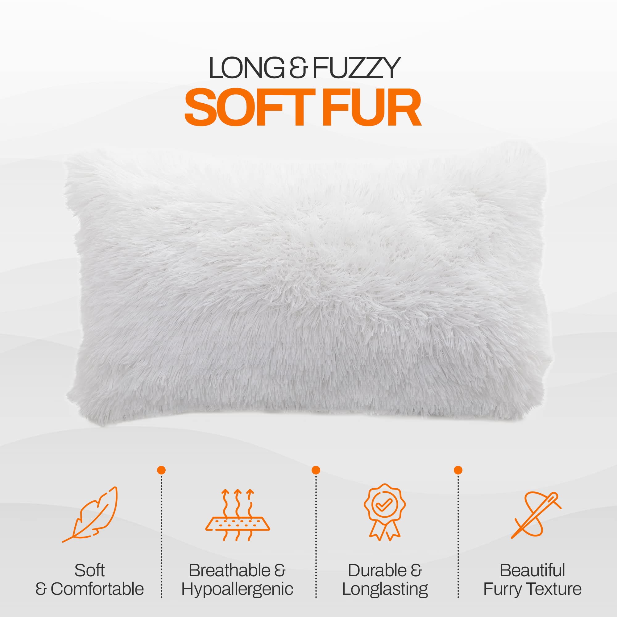 Soft Shaggy Throw Pillows Set of 2 (12x20 Inch) - Cozy Long Hair Faux Fur Couch & Bed Pillows with Inserts - White - Perfect for Living Room Decor, Sofa Accents & Bedroom Comfort