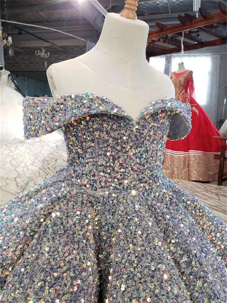 Luxury Girls Pageant Dresses - Off Shoulder Silver Sequin Ball Gowns with Bling for Kids | Toddler Pageant, Birthday Party, Special Occasion Formal Wear