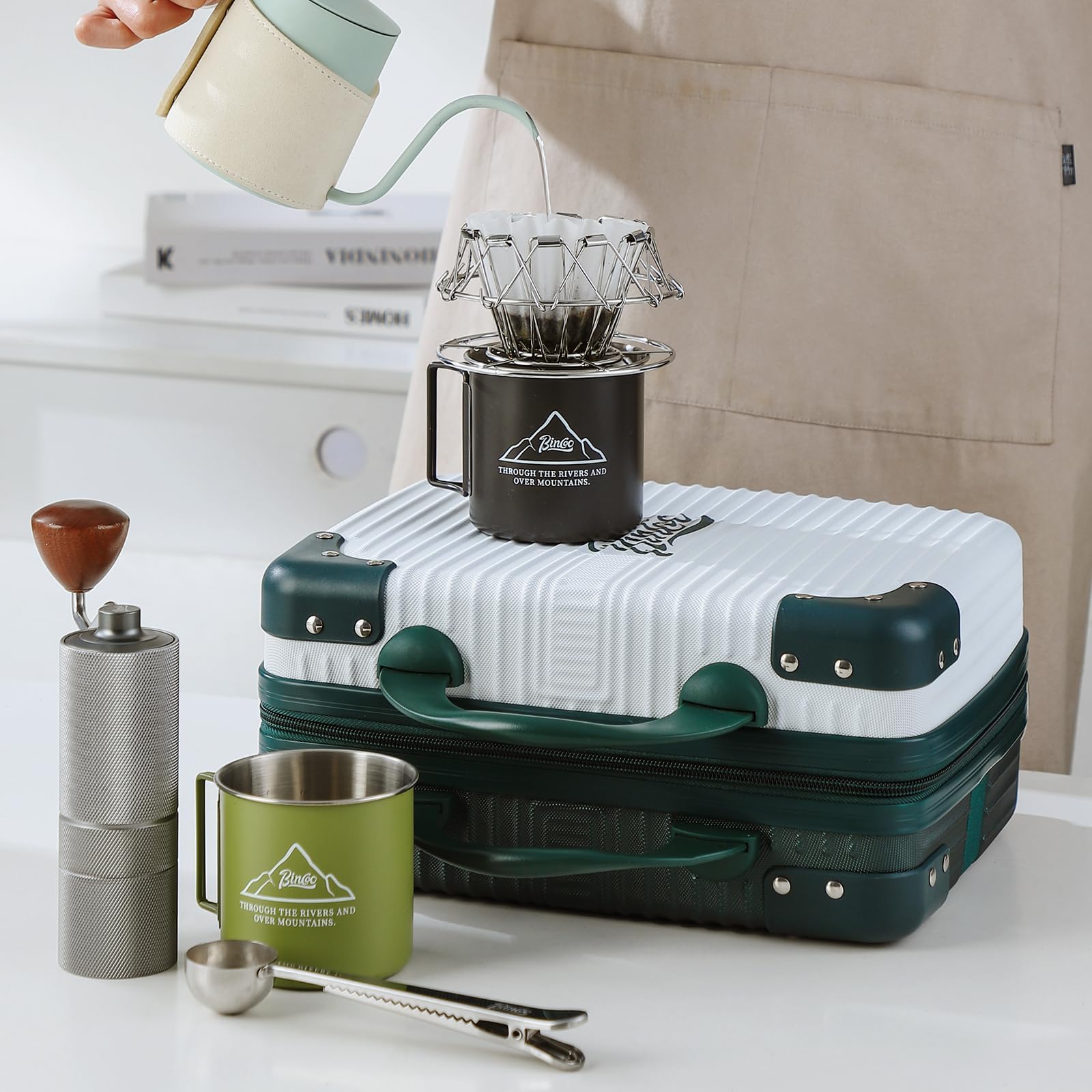Bincoo Waterproof Espresso Machine Travel Case - Portable Coffee Maker Storage Box with Comfortable Handle for Barista, Travel, Office & Camping (White & Green) | Perfect for Home Use, Coffee Shops & Outdoor Adventures