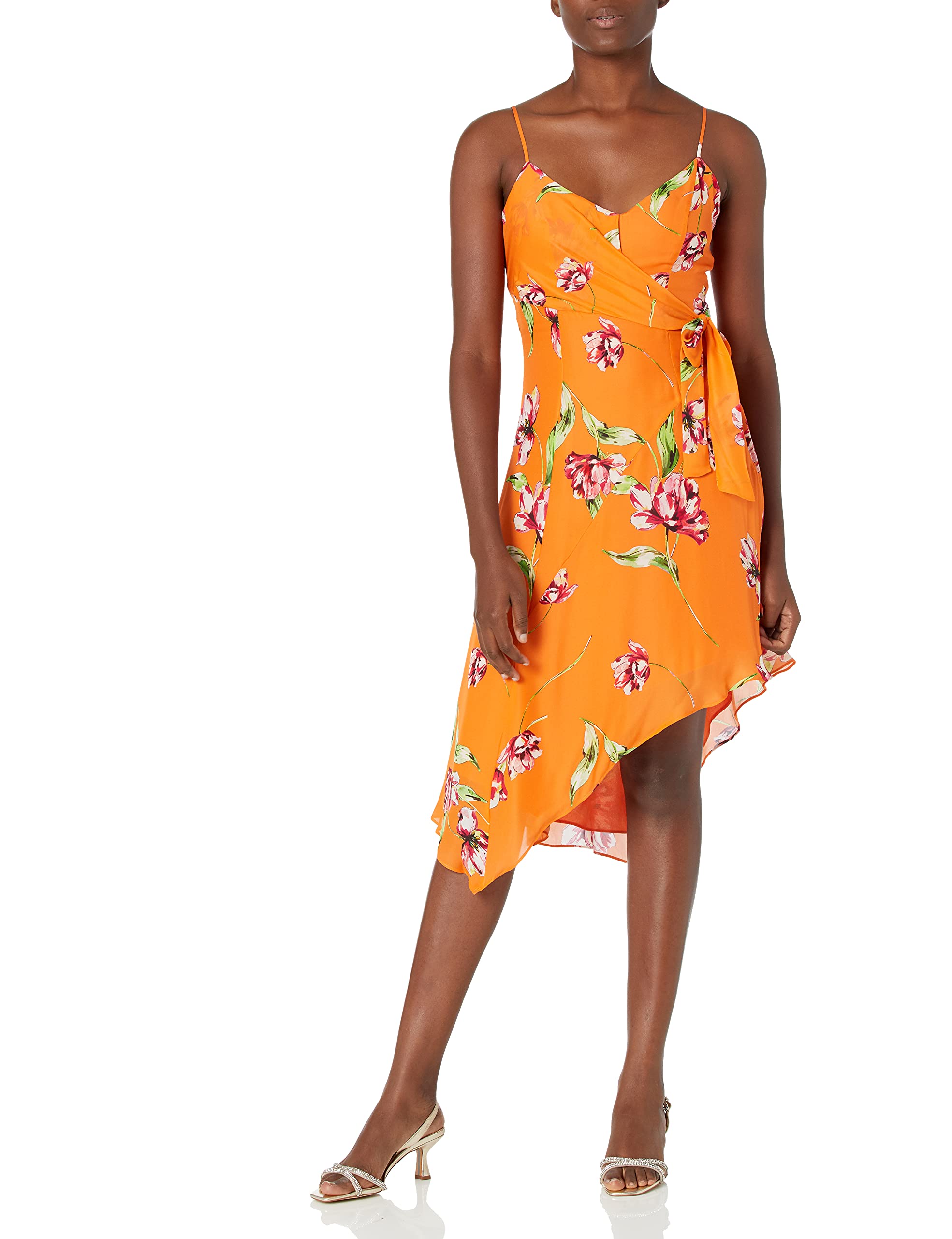 Parker Women's Monroe Sleeveless Draped Front Asymmetric Midi Dress - Elegant Cocktail Party & Summer Wedding Guest Outfit