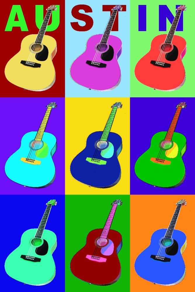 Austin Texas Acoustic Guitar Pop Art - 16x24 Gallery Quality Metal Wall Decor, Aluminum Art for Home & Office - Perfect for Music Lovers, Living Room & Studio Decor