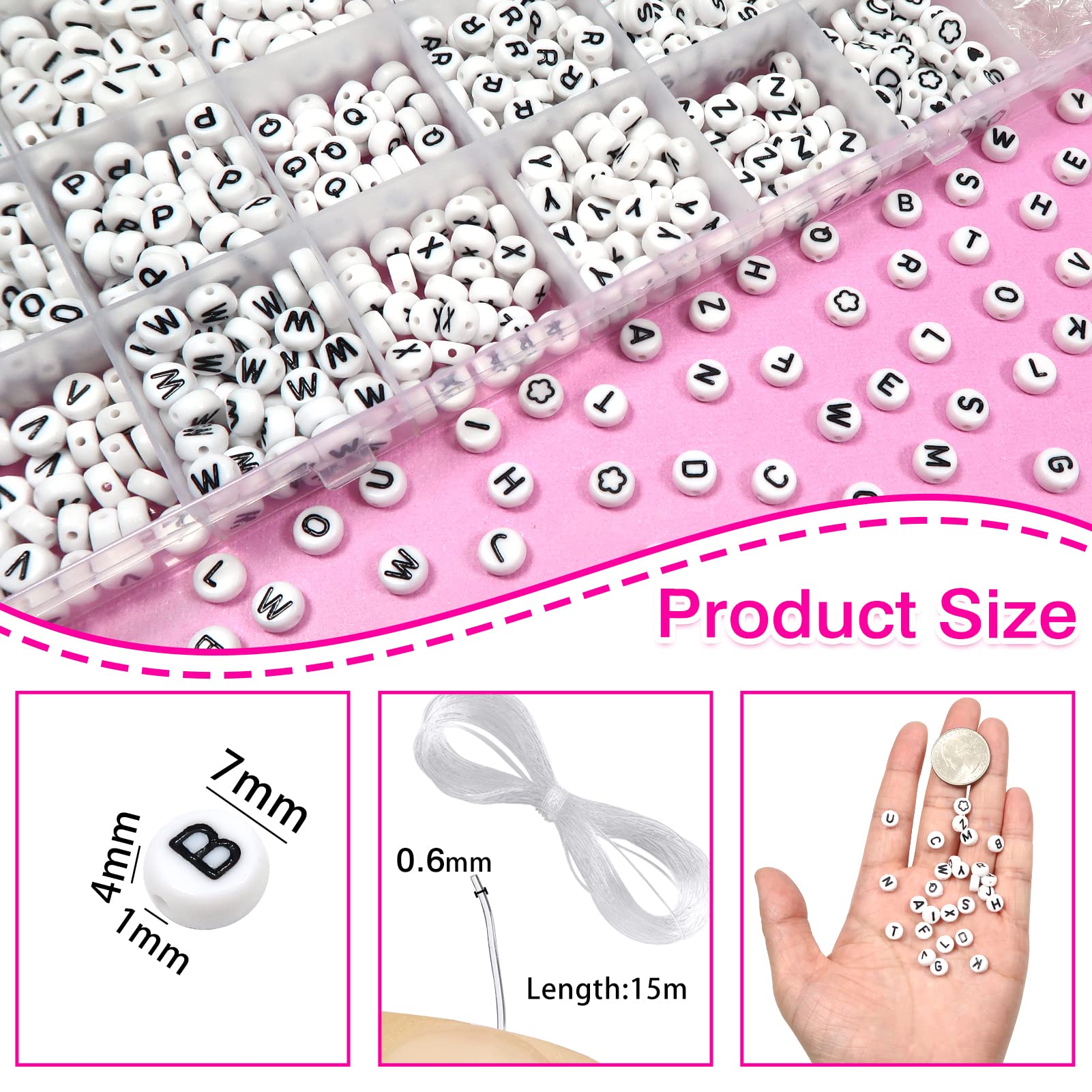 TOAOB 1440pcs 4x7mm White Round Acrylic Alphabet Beads A-Z with Black Letters & Star Heart Charms - DIY Jewelry Making Kit for Bracelets, Necklaces, Keychains - Perfect for Girls Crafts, Friendship Gifts, Party Favors and Personalized Accessories