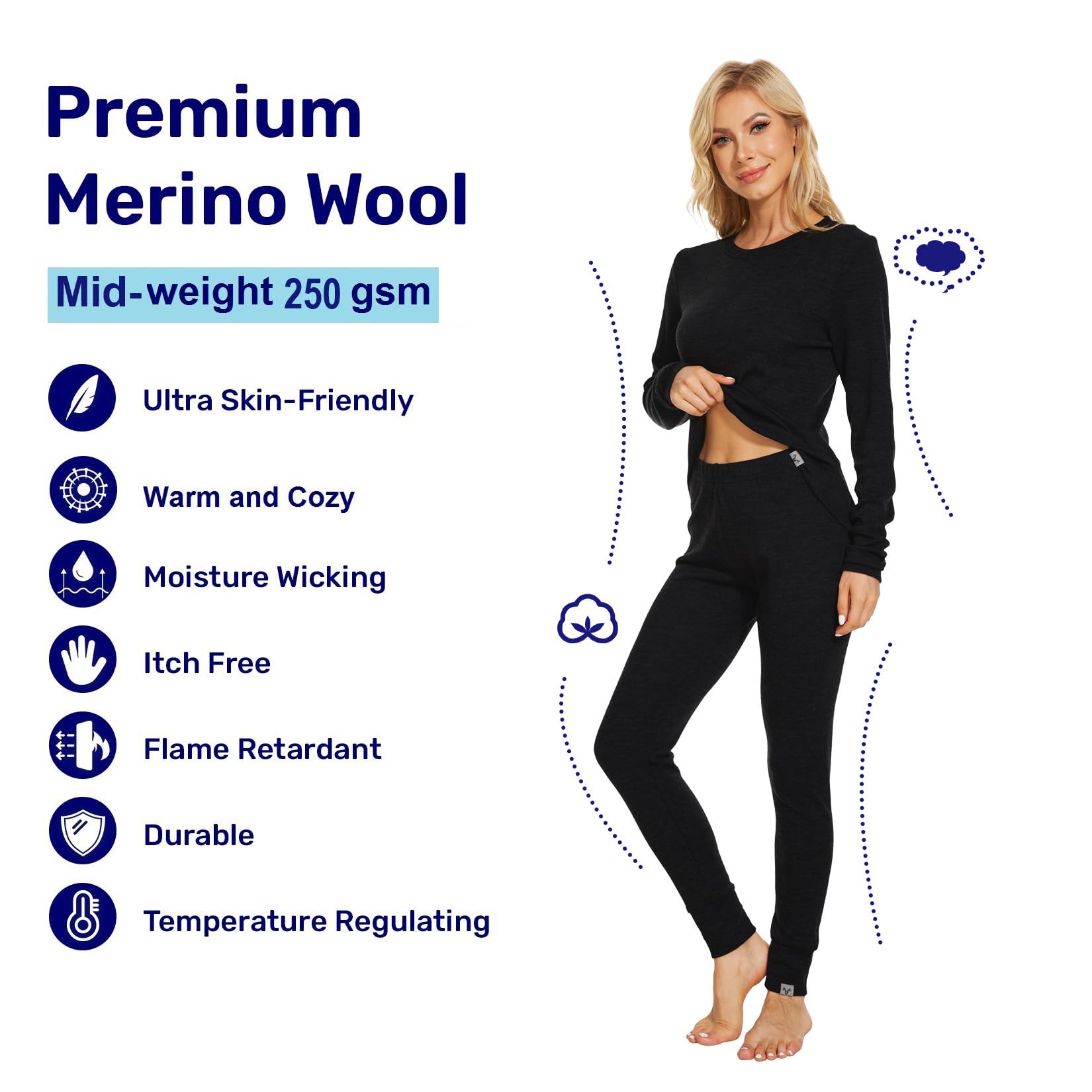MERINNOVATION Women's 100% Merino Wool Thermal Base Layer Set - Warm Winter Underwear for Hiking, Skiing & Outdoor Activities