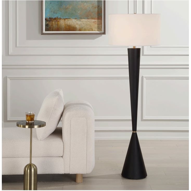 Modern Black Tapered Floor Lamp with Fabric Shade - Adjustable Height Standing Light for Living Room, Bedroom & Office Decor