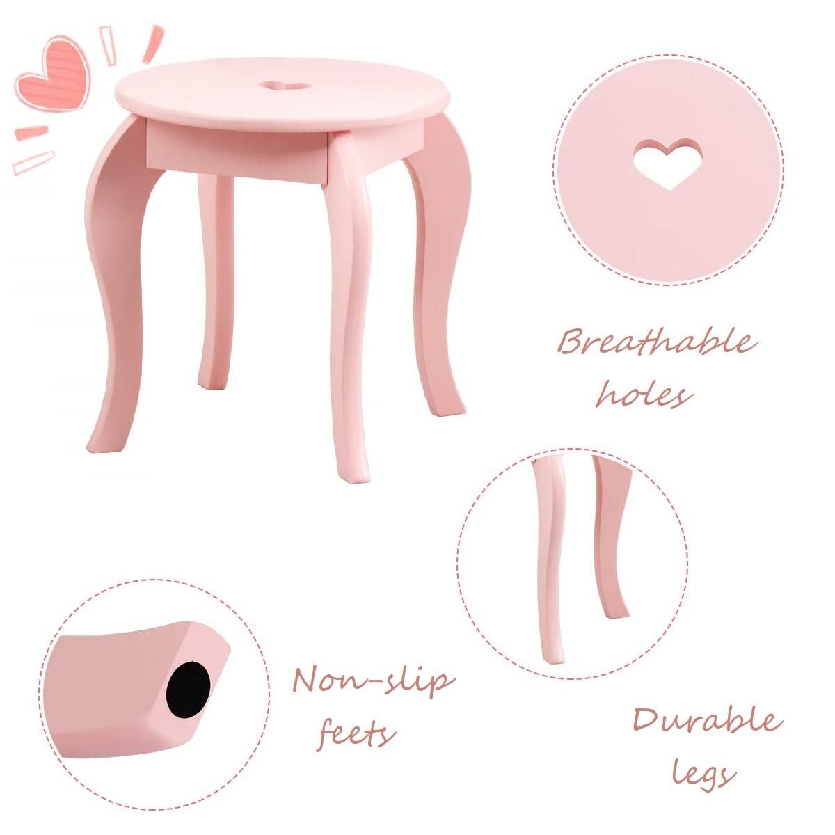 GIANTEX Kids Vanity Table with Stool, Wooden Makeup Dresser with Drawers & Removable Mirror, Pink Princess Vanity Set for Girls - Perfect for Bedroom Decor, Playroom & Gift for Toddlers