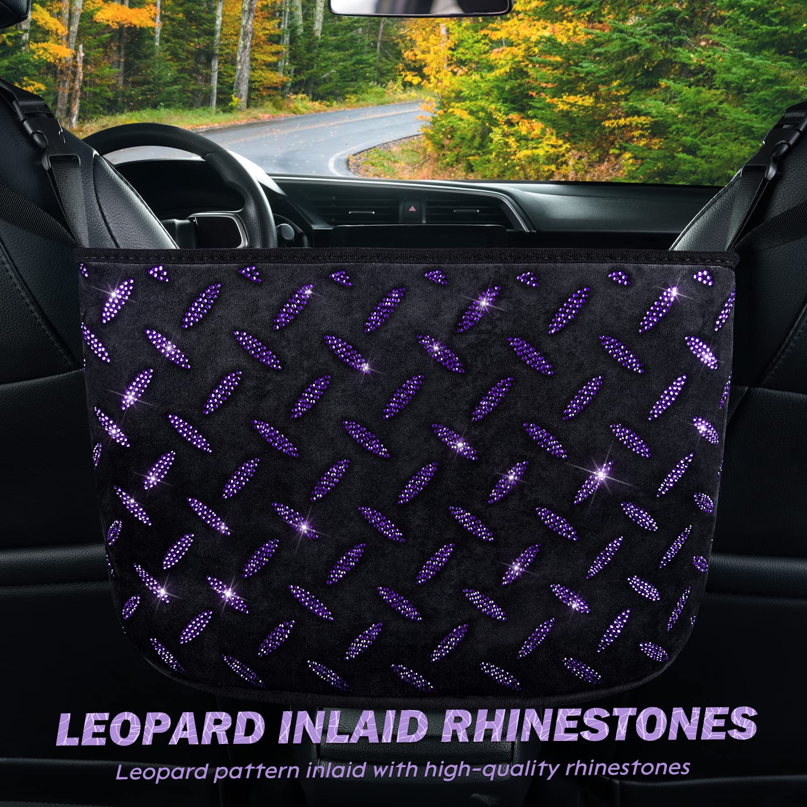 Sparkling Crystal Car Organizer & Storage Purse Holder - Diamond-Embellished Seat Back Organizer for Women, Car Accessories with Pet Barrier for Dogs & Kids (Purple) - Perfect for Road Trips, Daily Commutes & Keeping Your Car Tidy